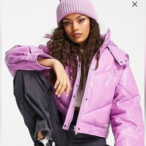 ASOS DESIGN Petite vinyl cropped puffer jacket in lilac
